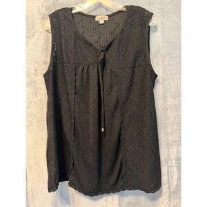 One World Black Eyelet Sleeveless Tank Top XL Womens‎